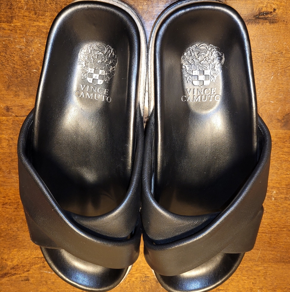 Vince Camuto VP-Cresila Black Leather Slide Sandals Women's Size 9-1/2M. - Picture 2 of 7